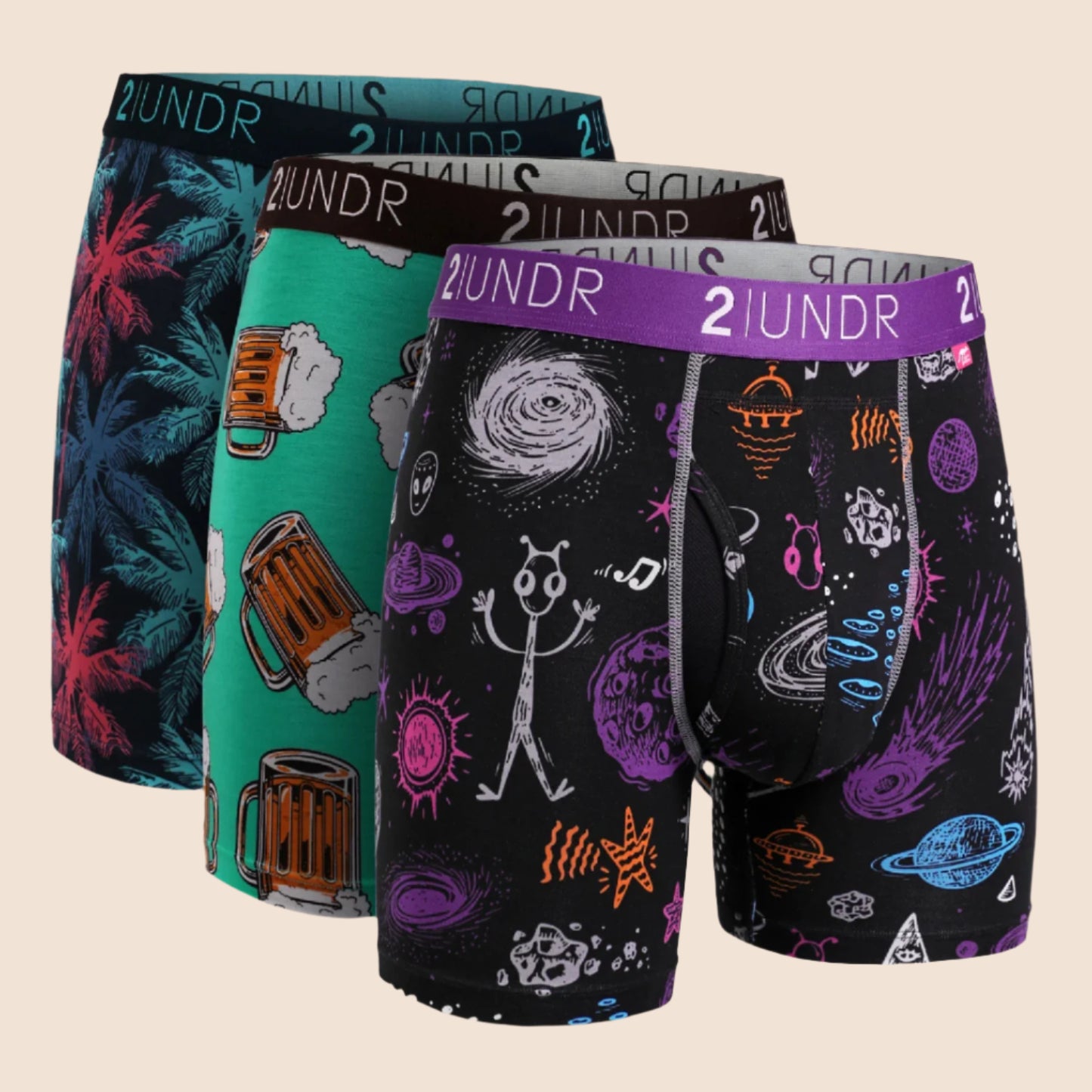 Four pairs of colorful men's underwear with various designs on a white background.