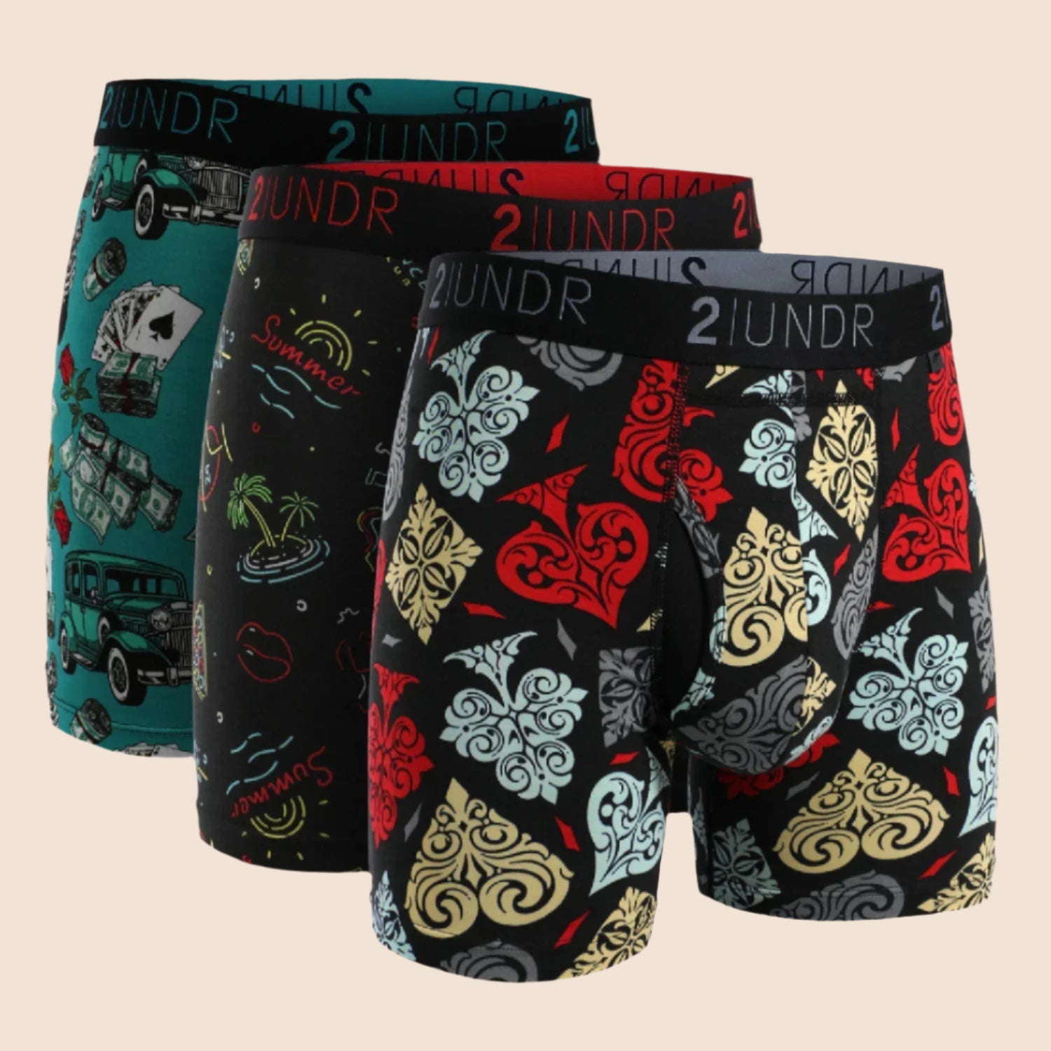 Four pairs of patterned underwear from the brand 21UNDR on a white background.